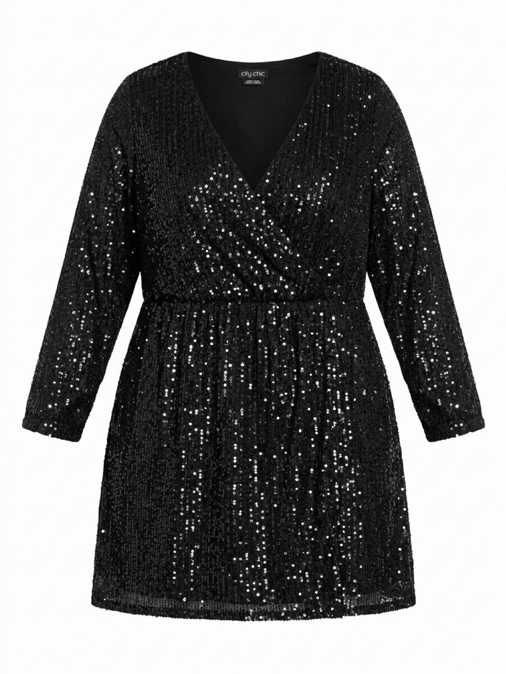 City Chic Black Sequin Wrap Dress with Long Sleeves